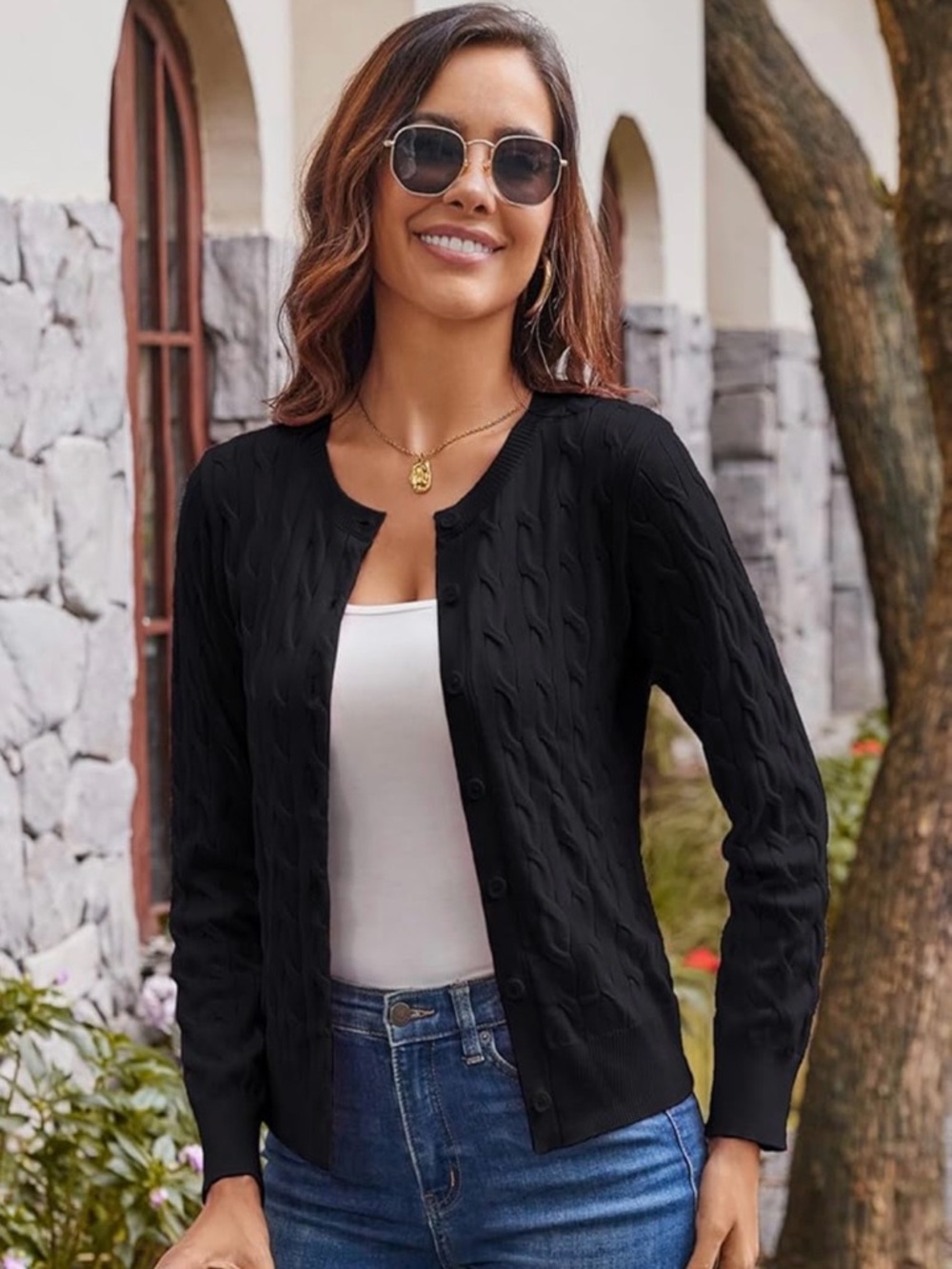 Grace Karin Black Cable Knit Button-Front Cardigan